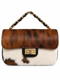 Borsa Donna in Vera Pelle e Pelo Bovina, Borsa a Spalla con Catena Dorata e Chiusura Gold – Made in Italy