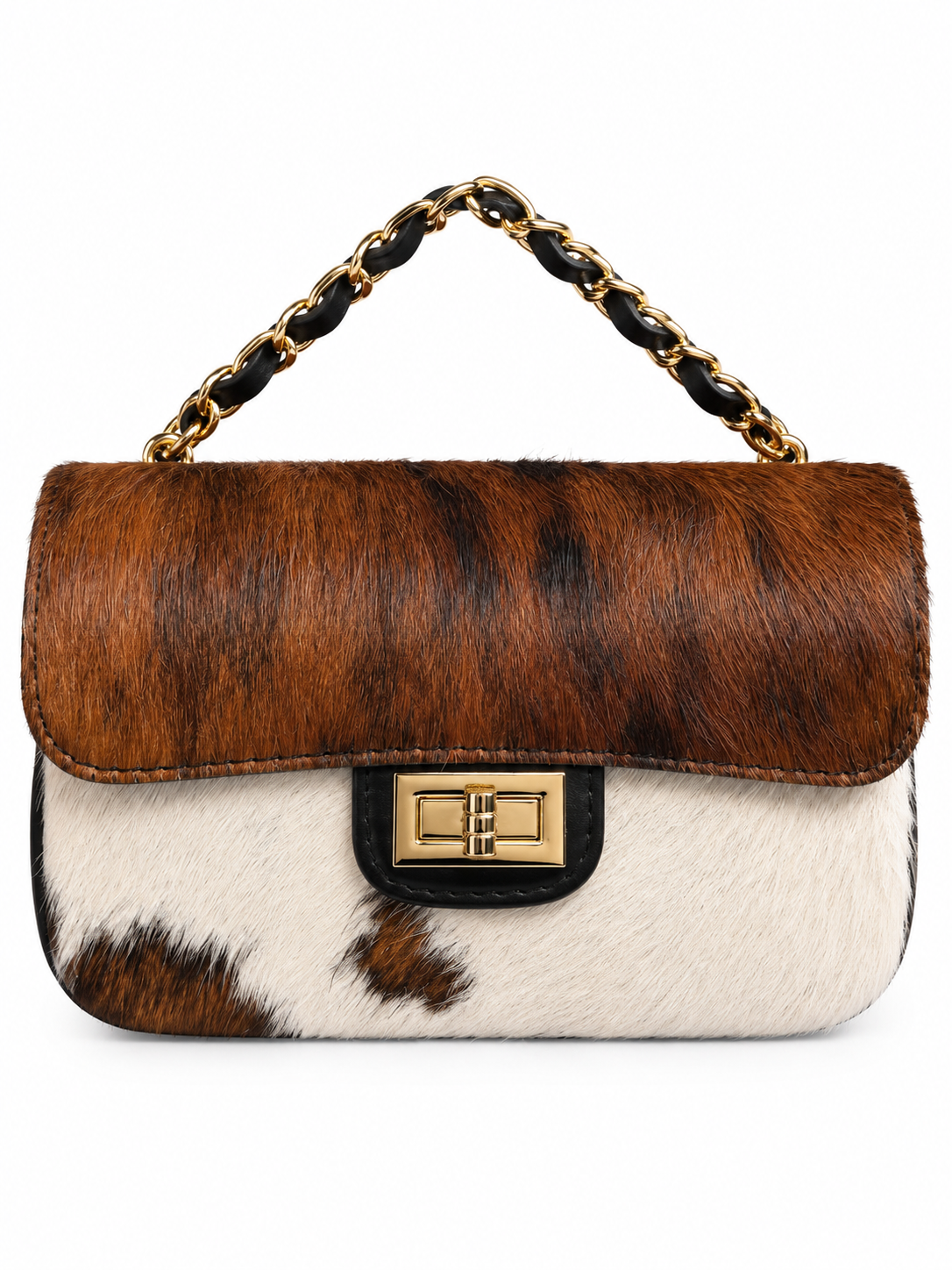 Borsa Donna in Vera Pelle e Pelo Bovina, Borsa a Spalla con Catena Dorata e Chiusura Gold – Made in Italy