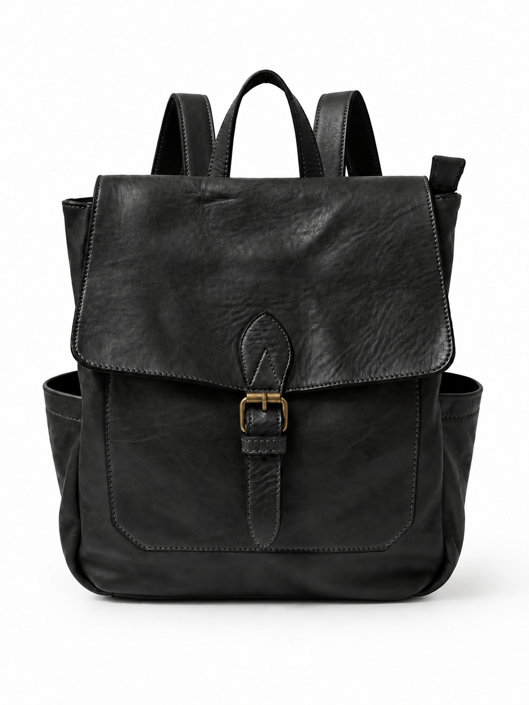 Zaino in Pelle Italiana con Patta e Chiusura con Fibbia, Tasche Laterali e Tasca Posteriore con Cerniera