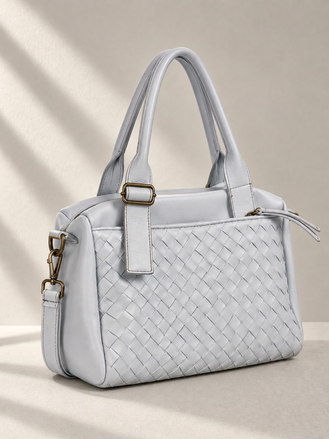 Grande Borsa Shopper in Pelle Italiana con Pannello Frontale Intrecciato a Mano e Multiple Tasche con Cerniera