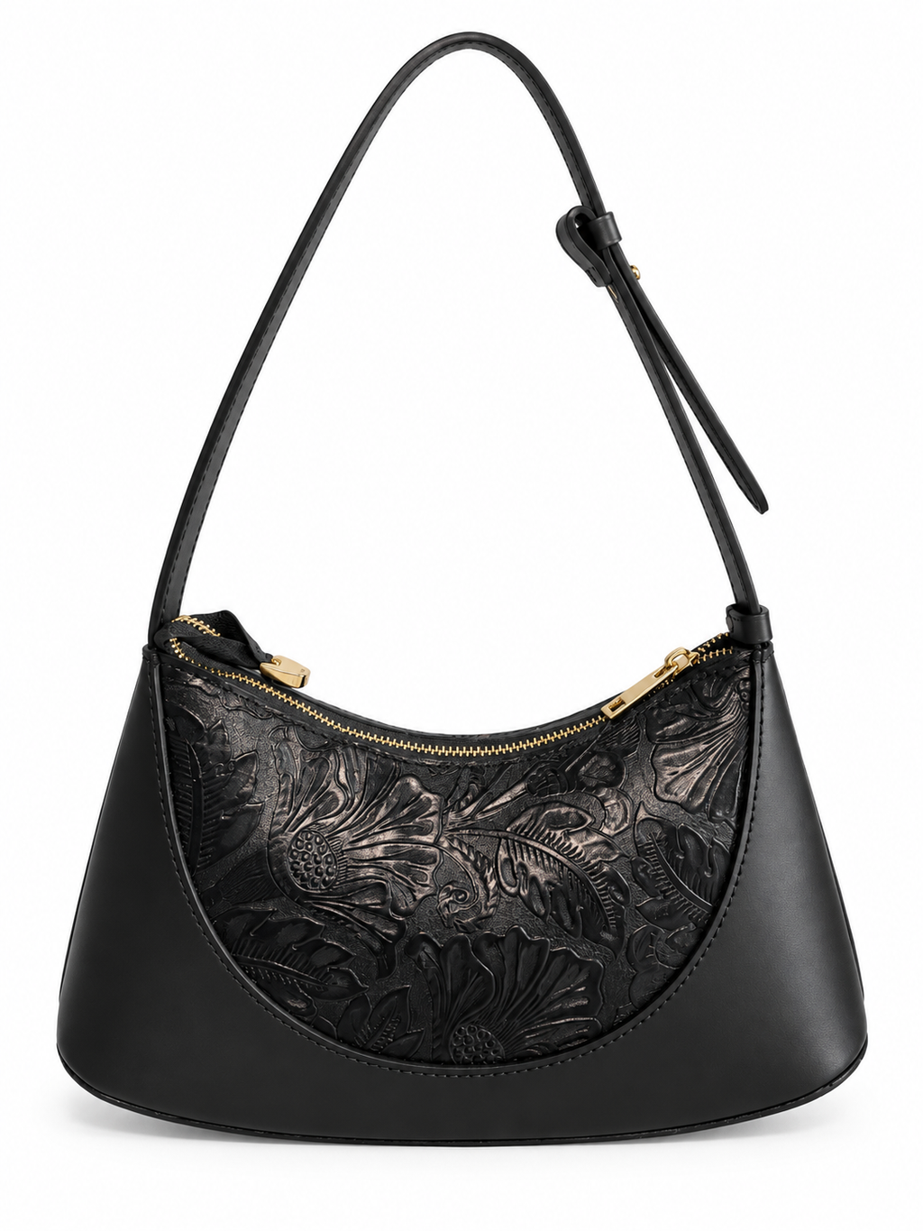 Borsa a Spalla in Vera Pelle Made in Italy con Motivo Floreale in Rilievo e Chiusura Zip