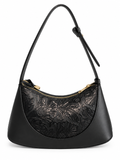 Borsa a Spalla in Vera Pelle Made in Italy con Motivo Floreale in Rilievo e Chiusura Zip