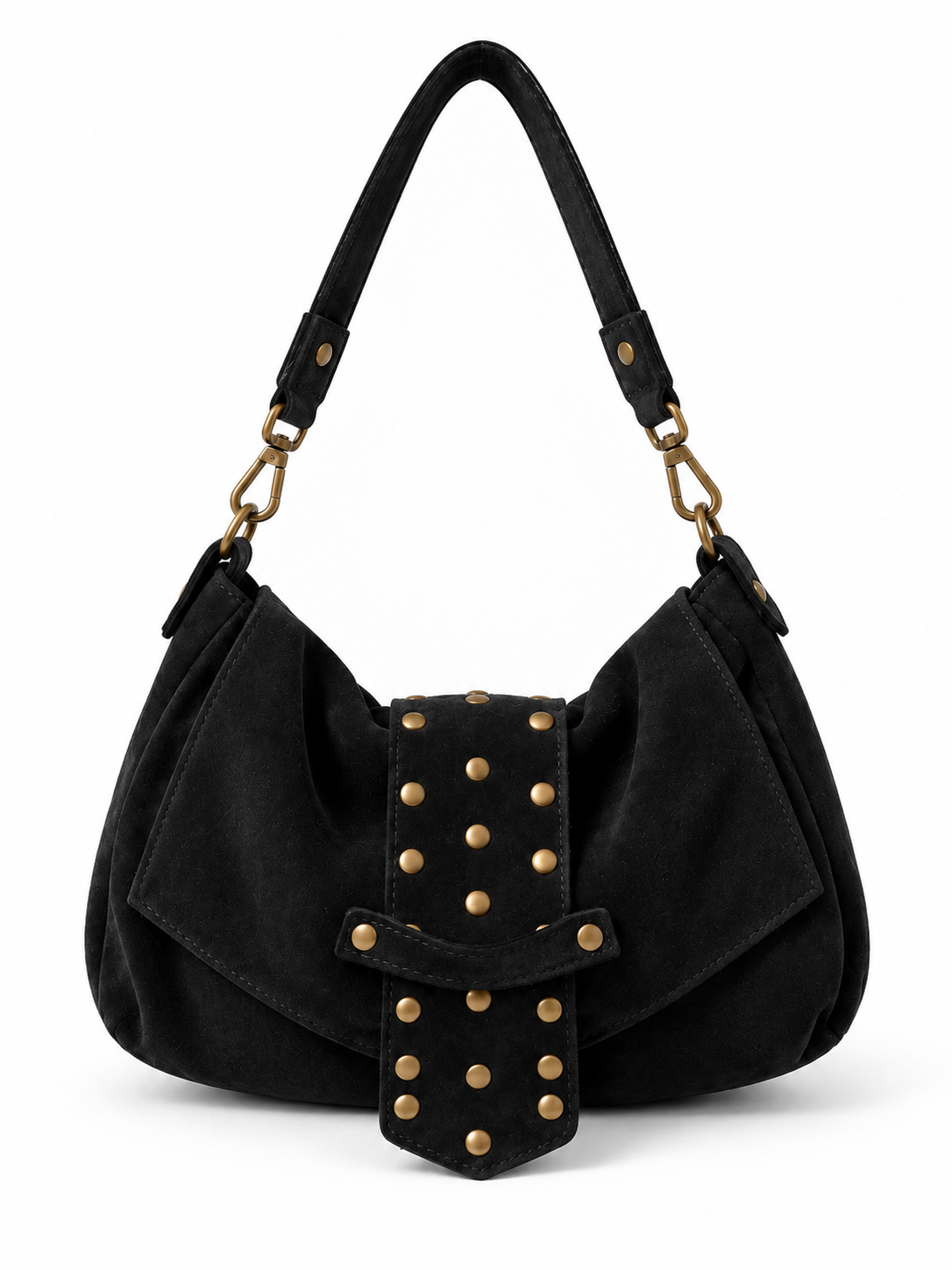 Borsa a Spalla Donna in Vera Pelle Scamosciata Made in Italy con Patta Borchiata e Tracolla Regolabile