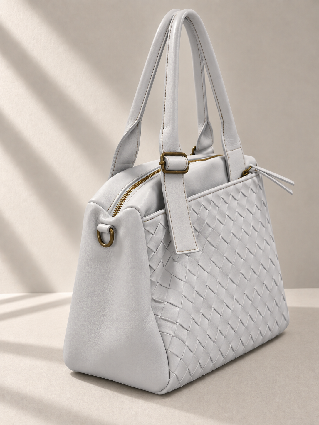 Grande Borsa Shopper in Pelle Italiana con Pannello Frontale Intrecciato a Mano e Multiple Tasche con Cerniera