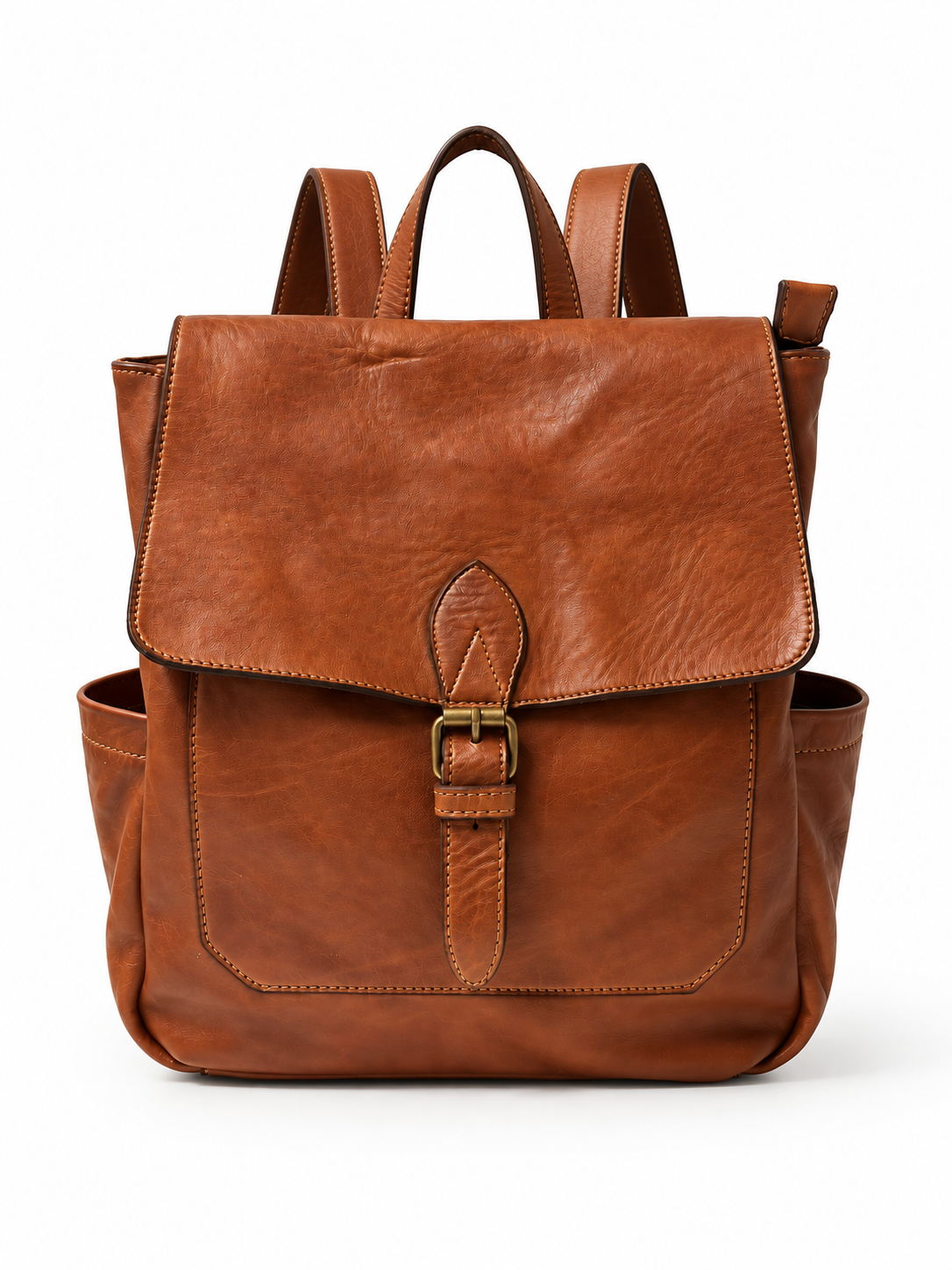 Zaino in Pelle Italiana con Patta e Chiusura con Fibbia, Tasche Laterali e Tasca Posteriore con Cerniera