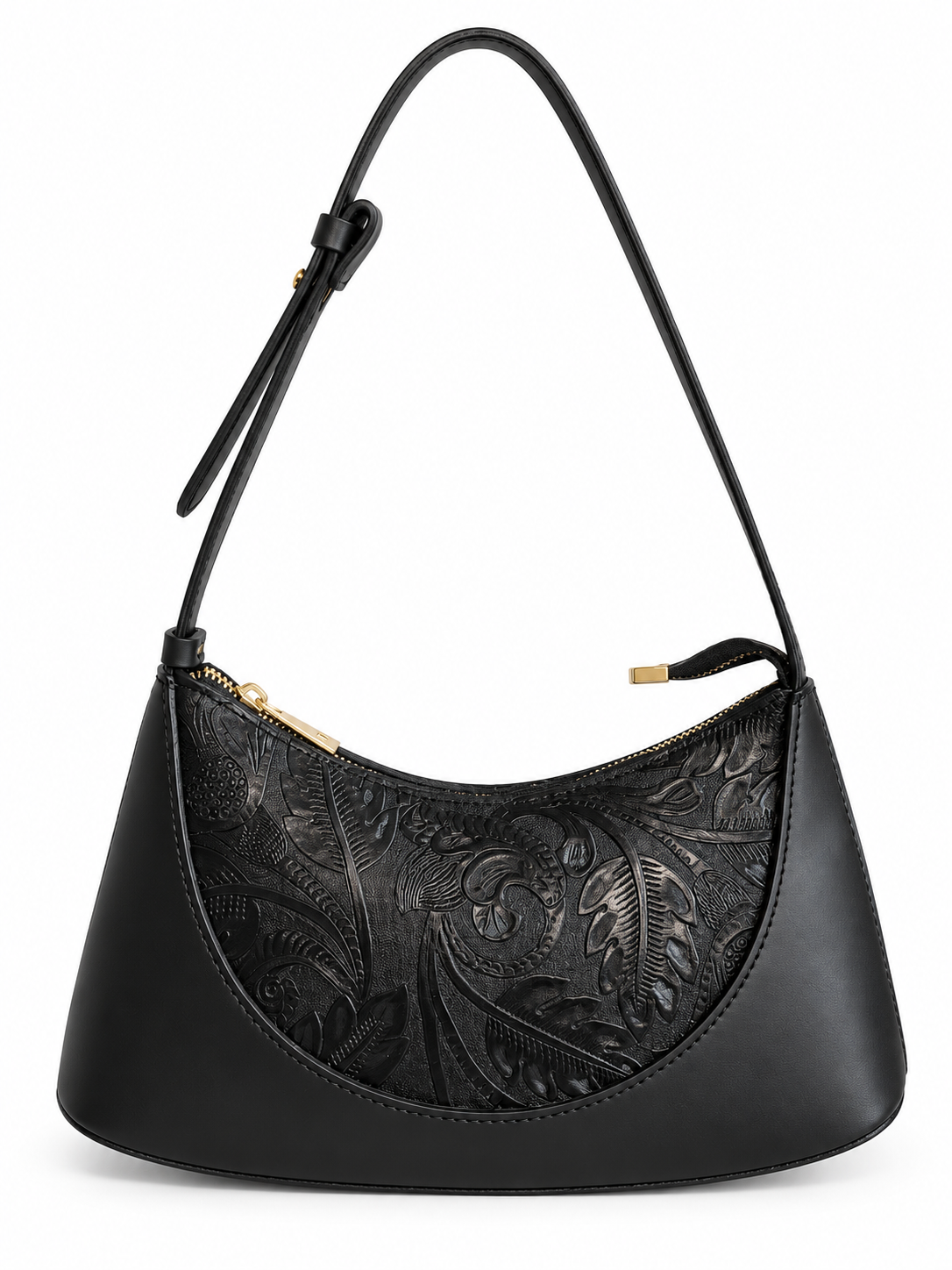 Borsa a Spalla in Vera Pelle Made in Italy con Motivo Floreale in Rilievo e Chiusura Zip