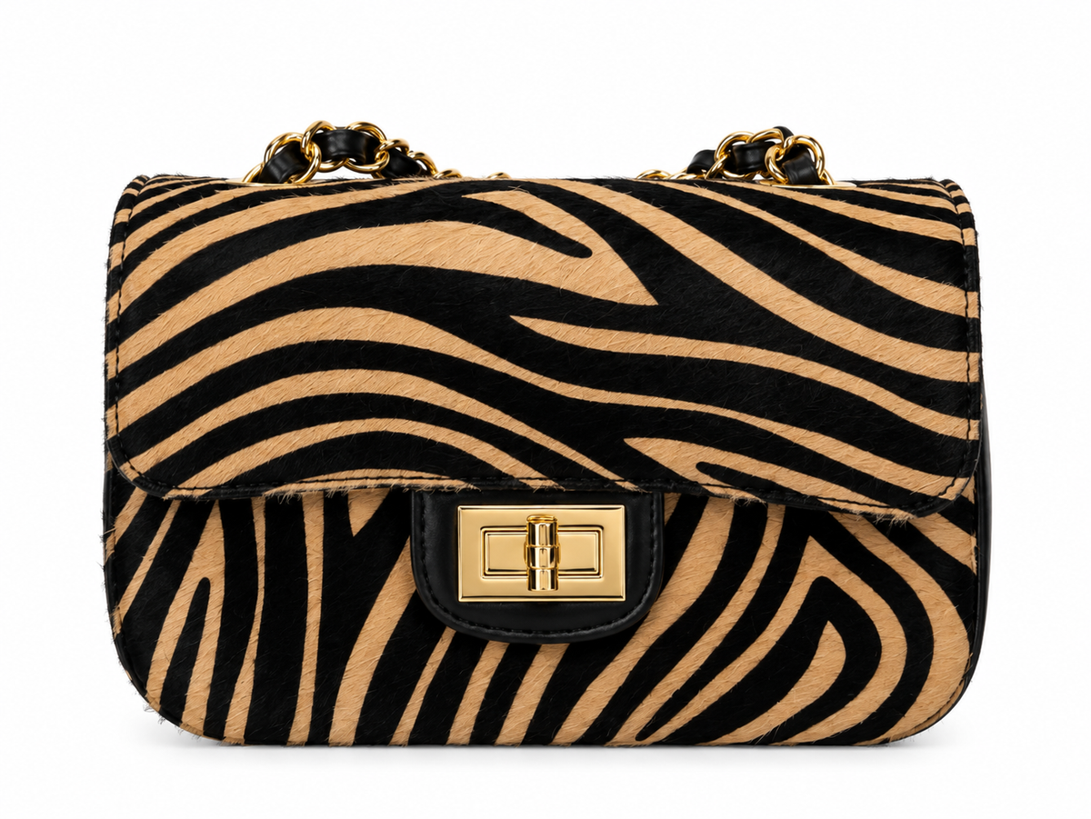 Borsa Donna in Vera Pelle e Pelo Bovina, Borsa a Spalla con Catena Dorata e Chiusura Gold – Made in Italy
