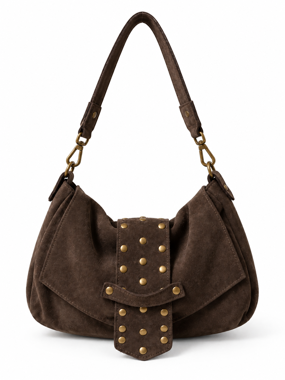 Borsa a Spalla Donna in Vera Pelle Scamosciata Made in Italy con Patta Borchiata e Tracolla Regolabile