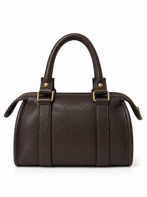 Borsa a Mano in Vera Pelle Made in Italy – Modello Boston in Pelle Martellata Marrone Scuro con Doppio Manico e Dettagli Dorati