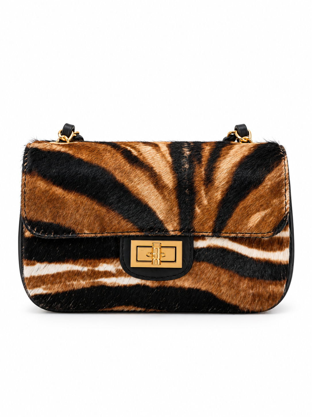 Borsa Donna in Vera Pelle e Pelo Bovina, Borsa a Spalla con Catena Dorata e Chiusura Gold – Made in Italy