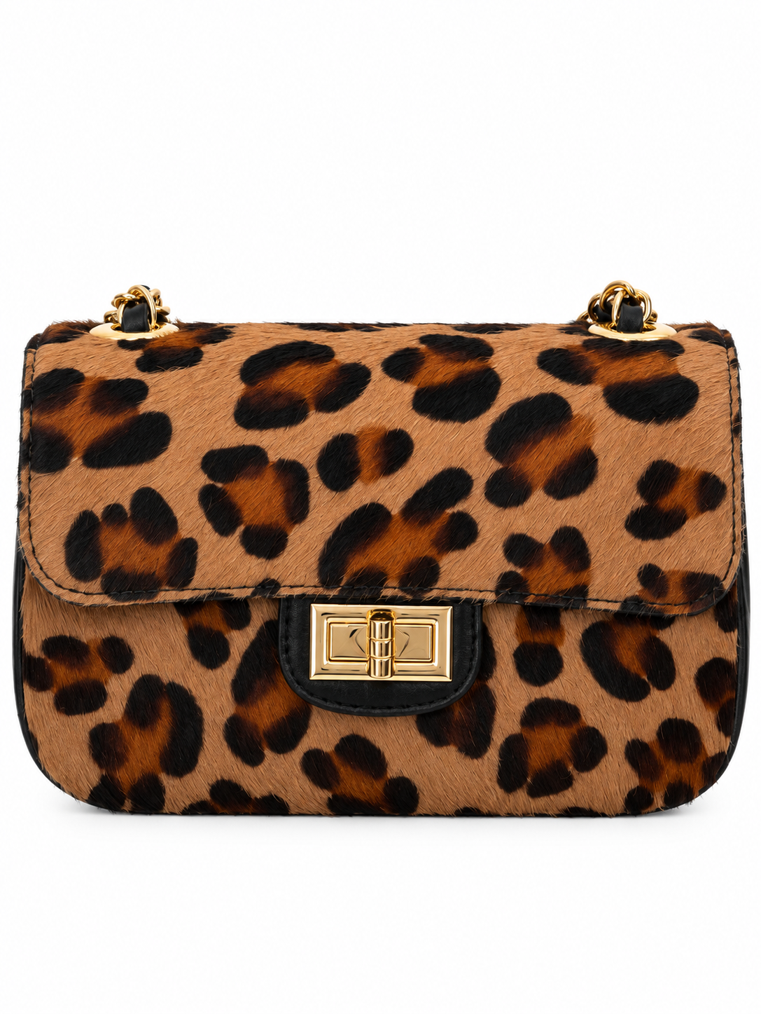 Borsa Donna in Vera Pelle e Pelo Bovina, Borsa a Spalla con Catena Dorata e Chiusura Gold – Made in Italy